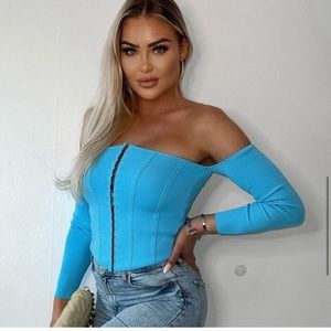 🤍 ZARA Bandage Knit Corset Effect Off the Shoulder Top